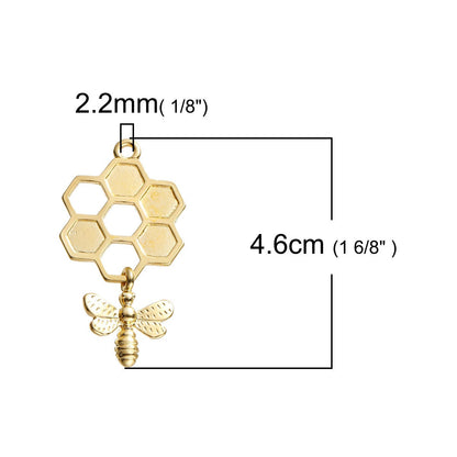 *5* 46x24mm Gold Plated Bee Honeycomb Charms