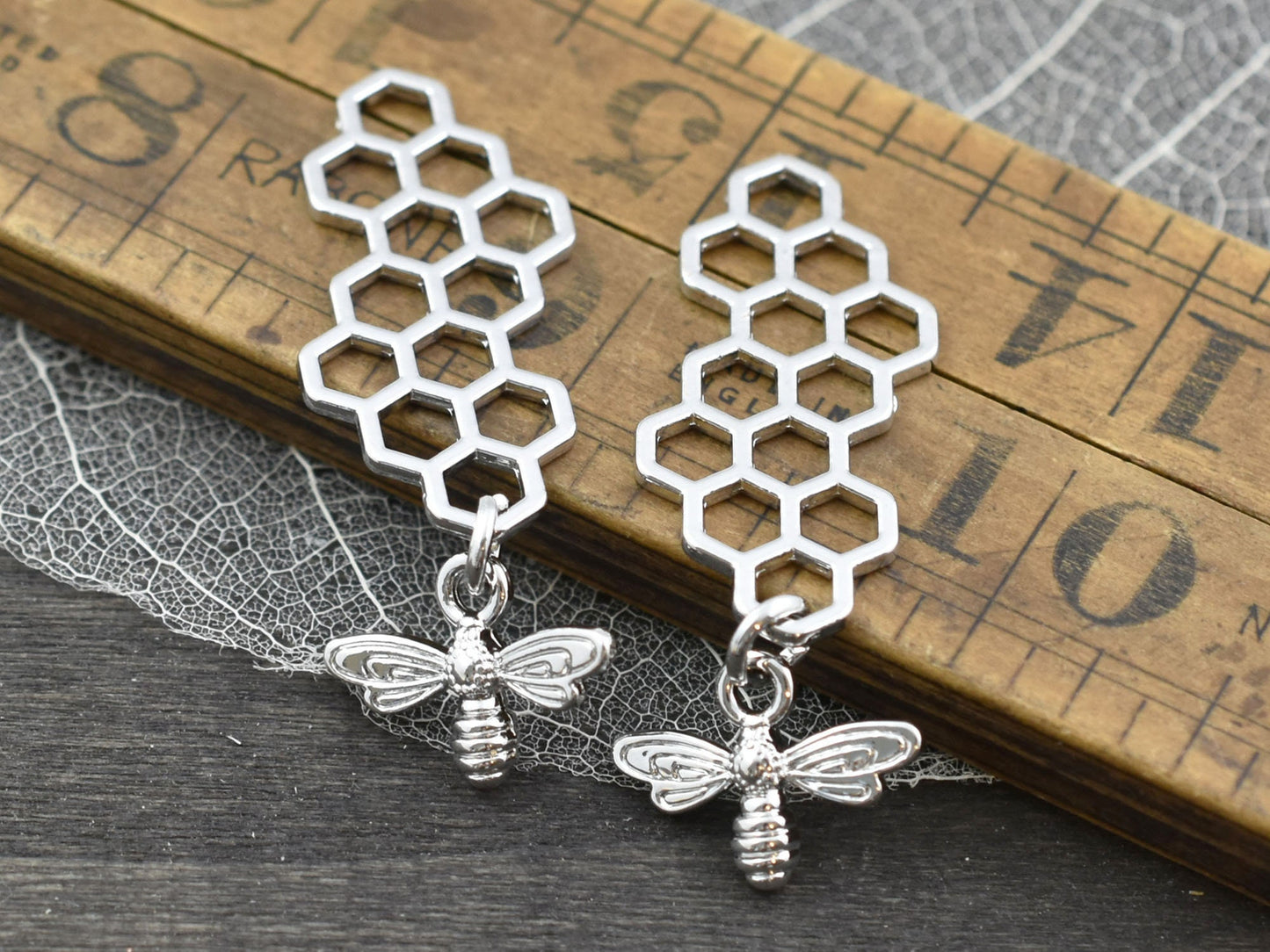 *2* 46x16mm Antique Silver Bee Honeycomb Charms