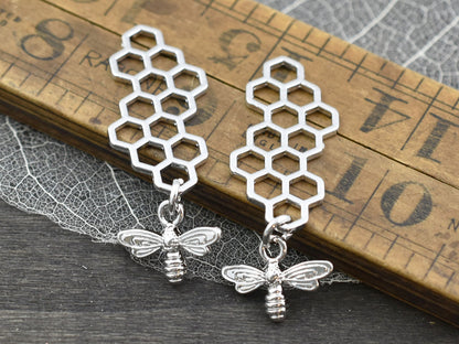 *2* 46x16mm Antique Silver Bee Honeycomb Charms