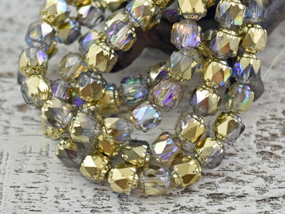 *20* 6mm Gold Washed Crystal Luster AB Fire Polish Cathedral Beads