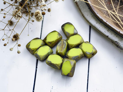 *20* 7x10mm Chartreuse Picasso Table Cut Chicklet Rectangle Beads