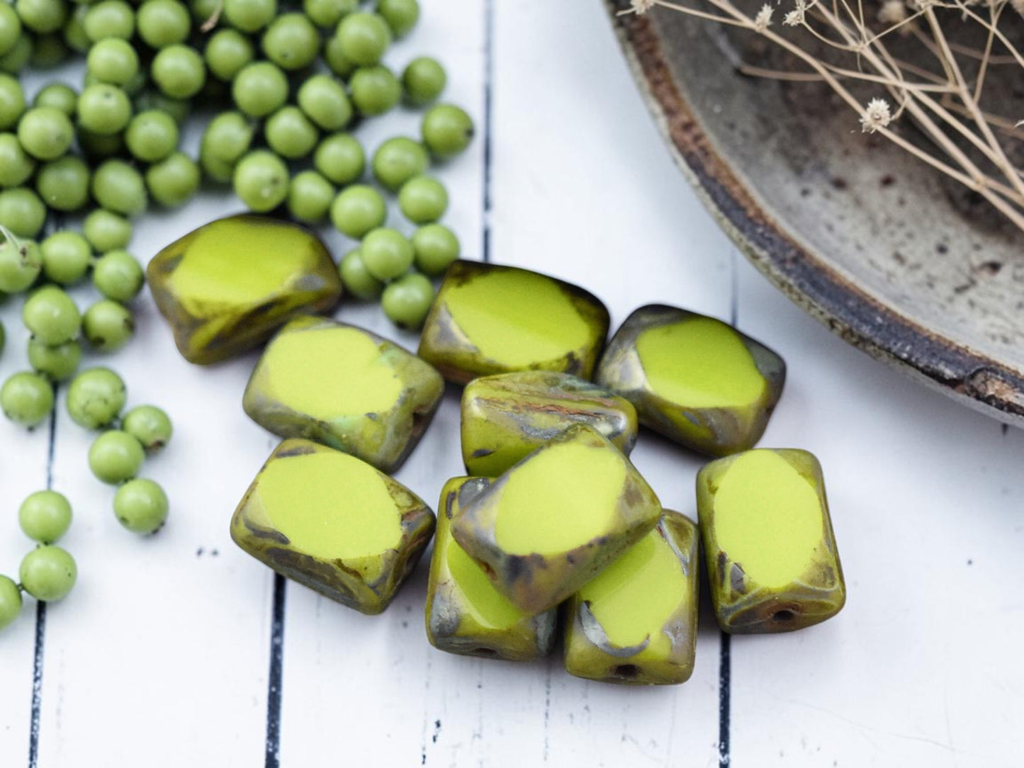 *20* 7x10mm Chartreuse Picasso Table Cut Chicklet Rectangle Beads