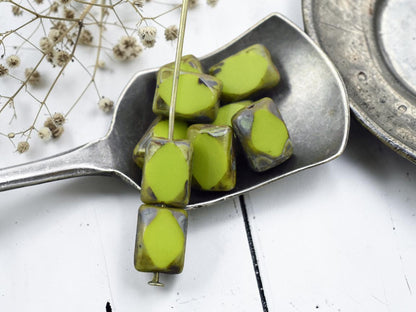 *20* 7x10mm Chartreuse Picasso Table Cut Chicklet Rectangle Beads