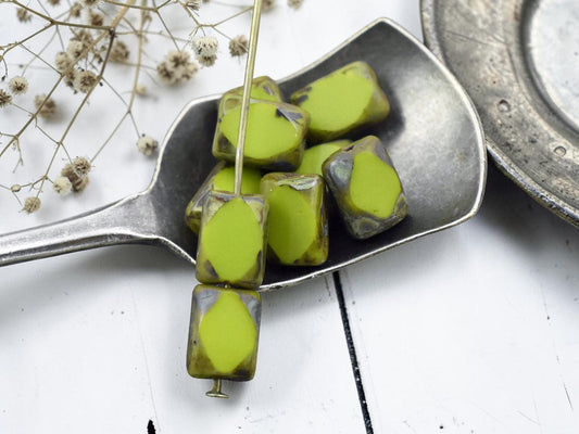 *20* 7x10mm Chartreuse Picasso Table Cut Chicklet Rectangle Beads