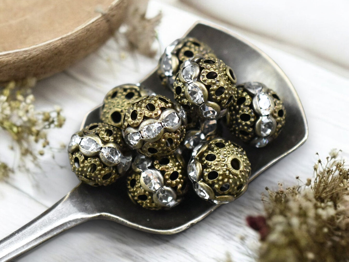 Antique Bronze Rhinestone Filigree Round Beads -- Choose Your Size