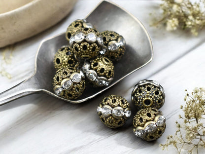 Antique Bronze Rhinestone Filigree Round Beads -- Choose Your Size
