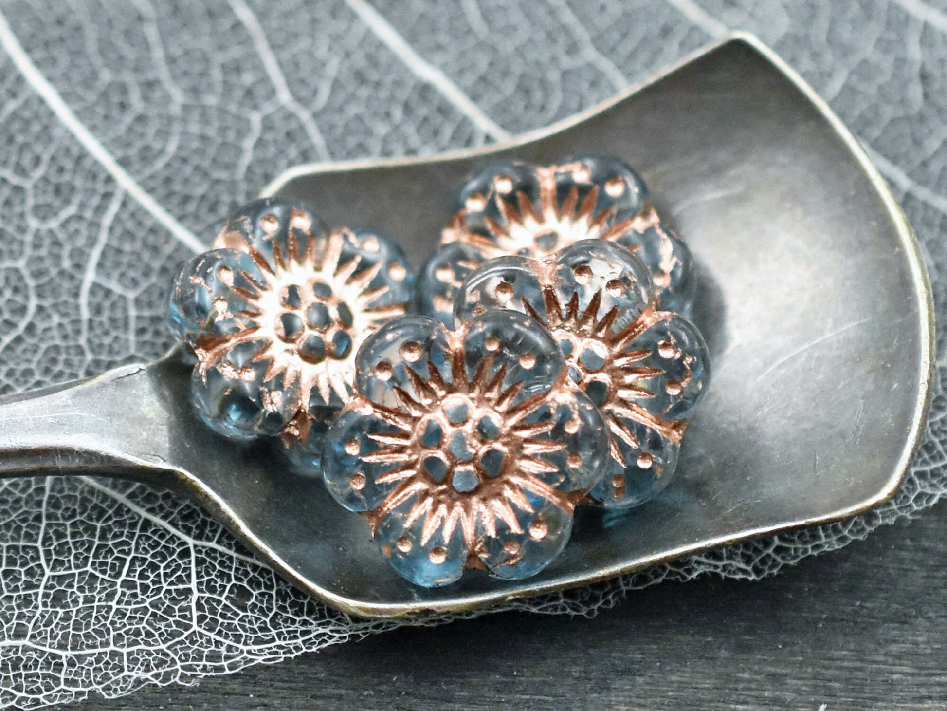 *6* 14mm Copper Washed Transparent Aqua Blue Wildflower Beads