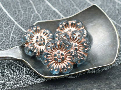 *6* 14mm Copper Washed Transparent Aqua Blue Wildflower Beads