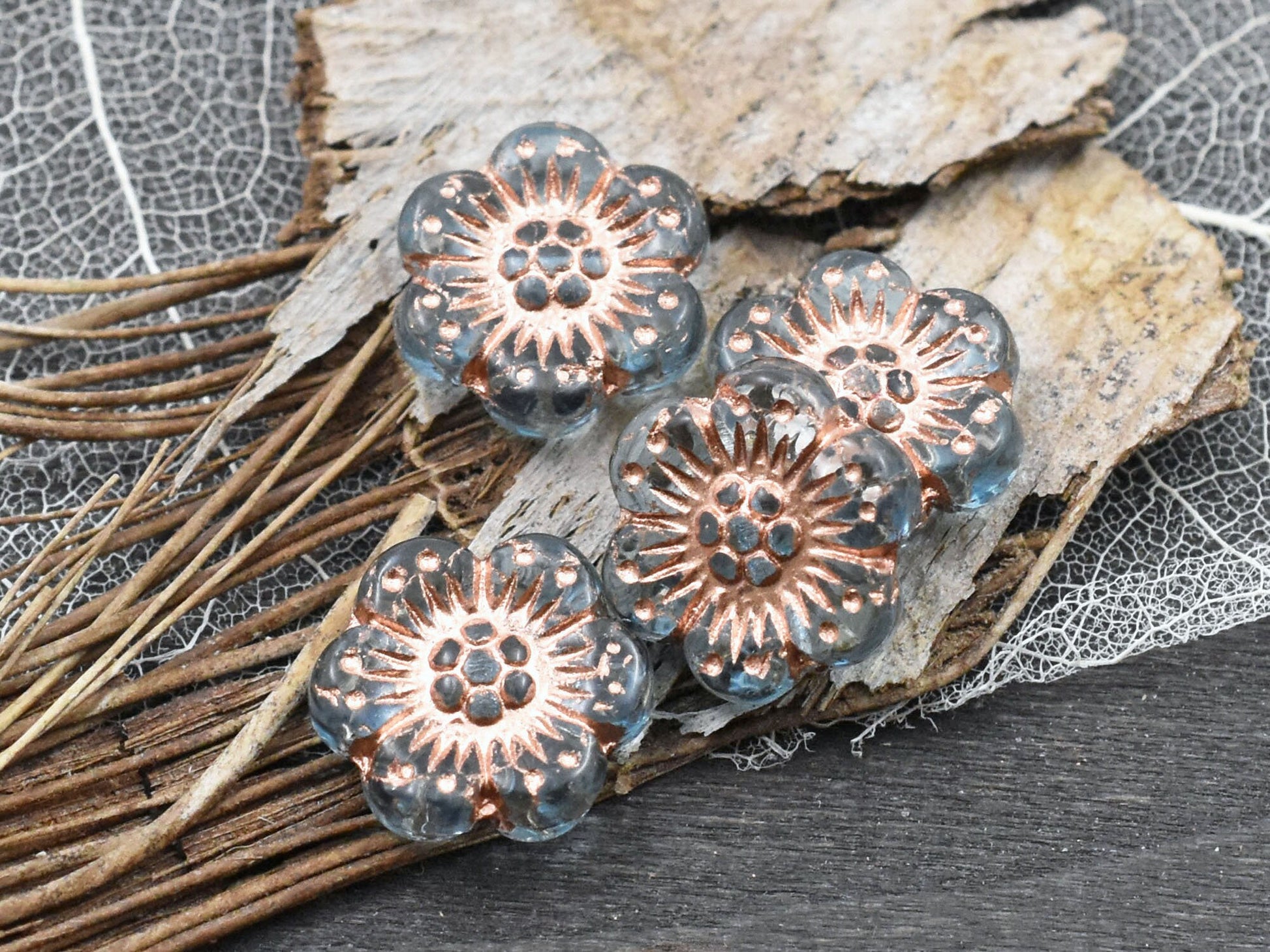 *6* 14mm Copper Washed Transparent Aqua Blue Wildflower Beads
