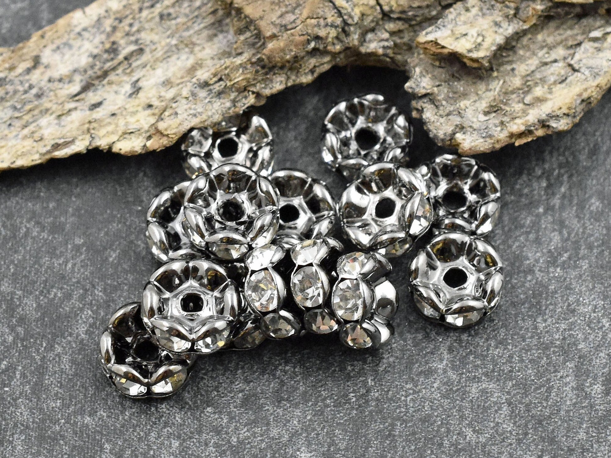 Gunmetal w/ Crystal Rhinestone Wavy Edge Rondelle Spacer Beads