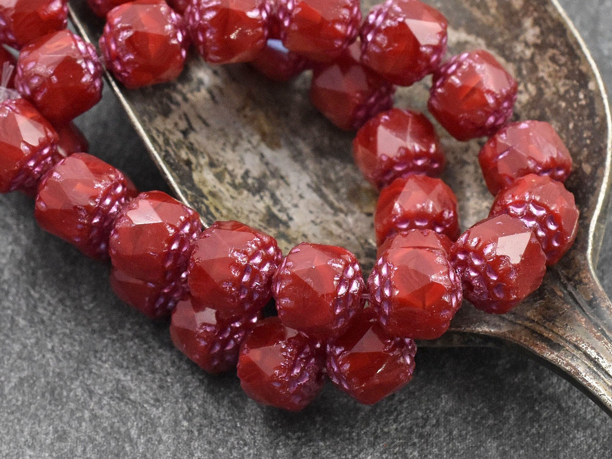 *15* 8mm Metallic Pink Washed Ruby Red Fire Polished Cathedral Beads