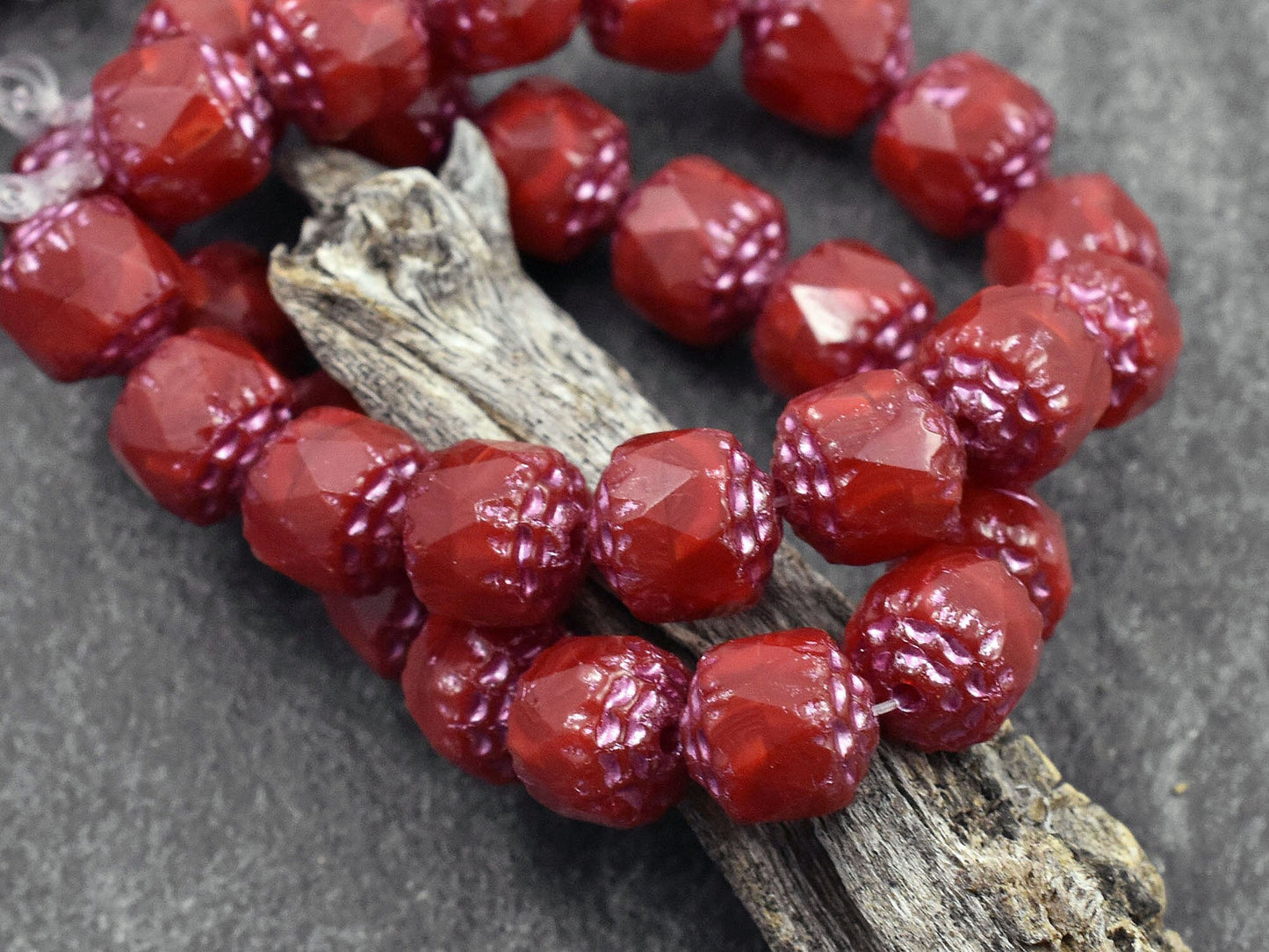 *15* 8mm Metallic Pink Washed Ruby Red Fire Polished Cathedral Beads