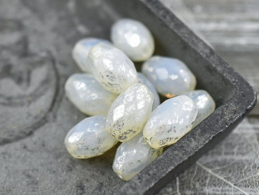 *10* 12x8mm Silver Mercury Washed Ivory Opal AB Fire Polished Faceted Oval Beads