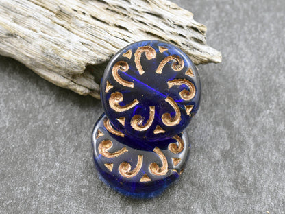 *2* 23mm Bronze Washed Cobalt Sun Coin Beads