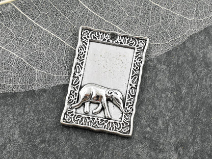 Elephant Pendant - Amulet Pendant - Metal Pendant - Silver Pendant - Flower Charms - 32x22mm - 10pcs - (B296)