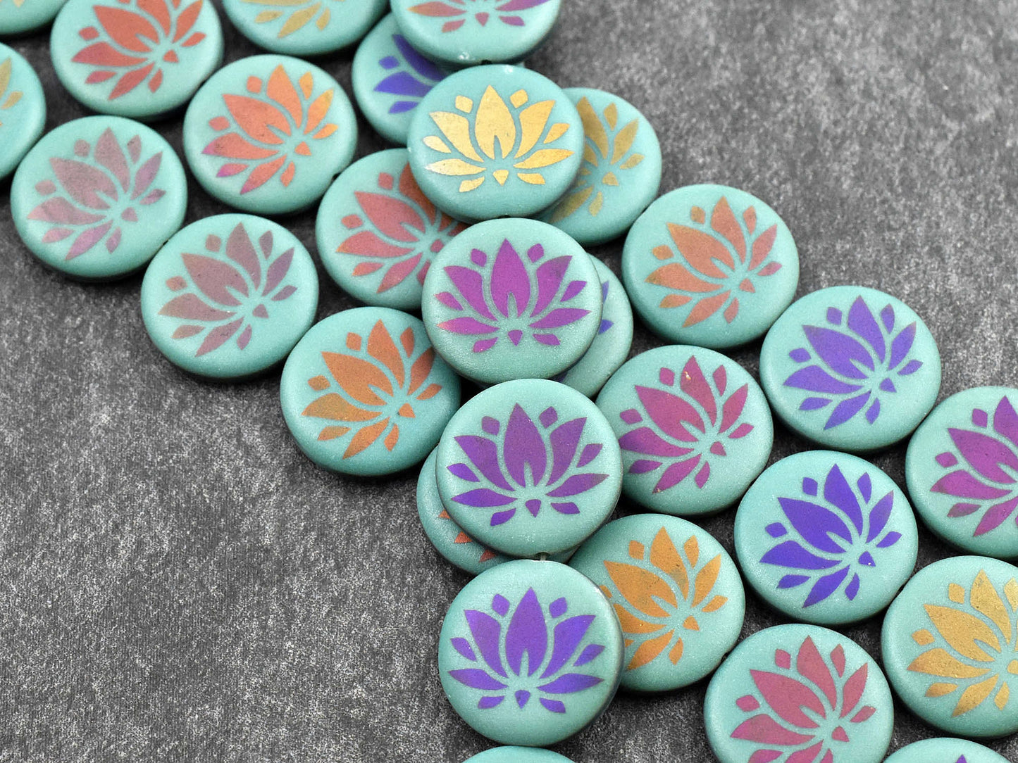 *8* 17mm Opaque Turquoise Sliperit Lotus Flower Laser Tattoo Coin Beads