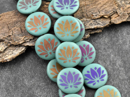 *8* 17mm Opaque Turquoise Sliperit Lotus Flower Laser Tattoo Coin Beads