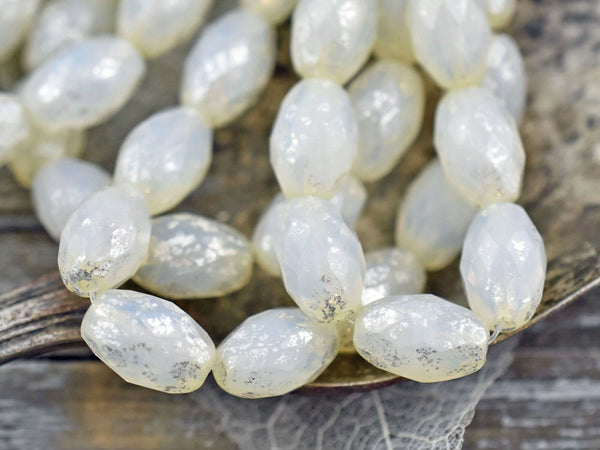 *10* 12x8mm Silver Mercury Washed Ivory Opal AB Fire Polished Faceted Oval Beads