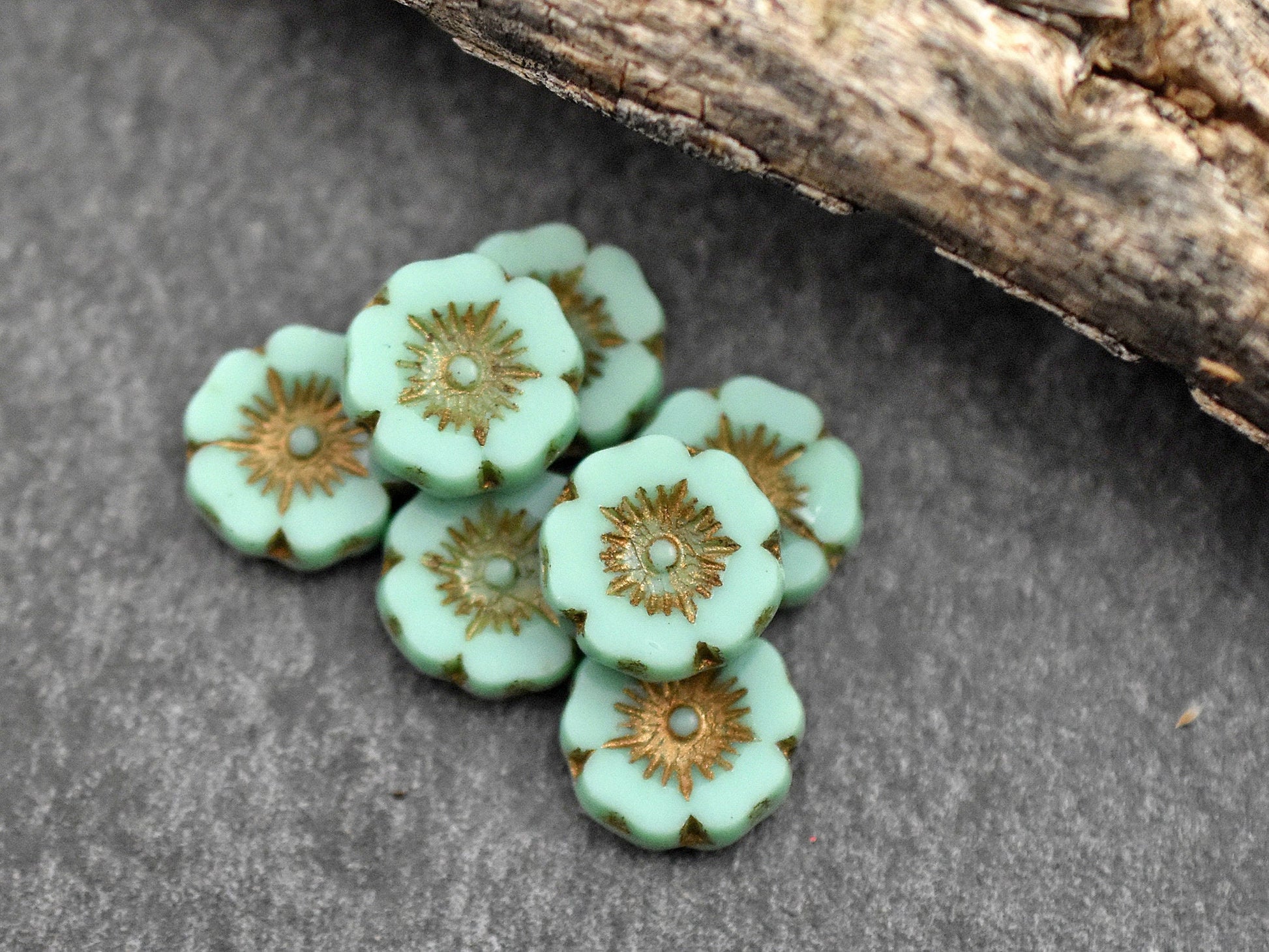 *12* 12mm Bronze Washed Opaque Turquoise Hawaiian Flower Beads