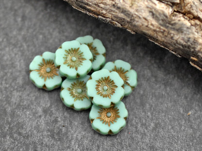 *12* 12mm Bronze Washed Opaque Turquoise Hawaiian Flower Beads