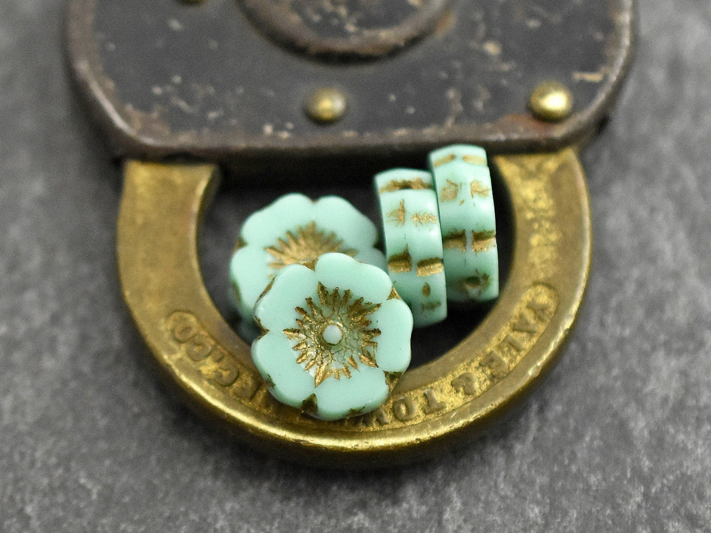 *12* 12mm Bronze Washed Opaque Turquoise Hawaiian Flower Beads