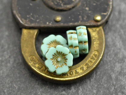 *12* 12mm Bronze Washed Opaque Turquoise Hawaiian Flower Beads