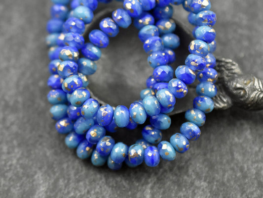 *30* 3x5mm Antique Gold Washed Blended Turquoise & Royal Blue Silk Fire Polished Rondelle Beads