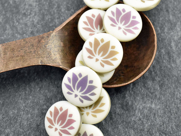 Czech Glass Beads - Lotus Flower Beads - Floral Beads - Focal Beads - Laser Etched Beads - Coin Beads - 17mm - 8pcs - (3398)