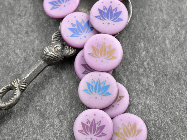 Czech Glass Beads - Lotus Flower Beads - Floral Beads - Focal Beads - Laser Etched Beads - Coin Beads - 17mm - 8pcs - (B459)