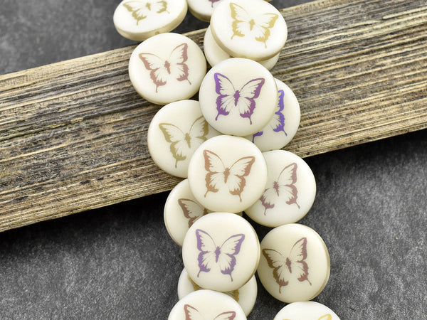 Czech Glass Beads - Butterfly Beads - Focal Beads - Laser Etched Beads - Coin Beads - 17mm - 8pcs - (A566)
