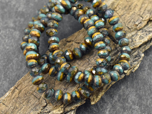 *30* 3x5mm Bronze Washed Blended Turquoise Aqua & Orange Fire Polished Rondelle Beads