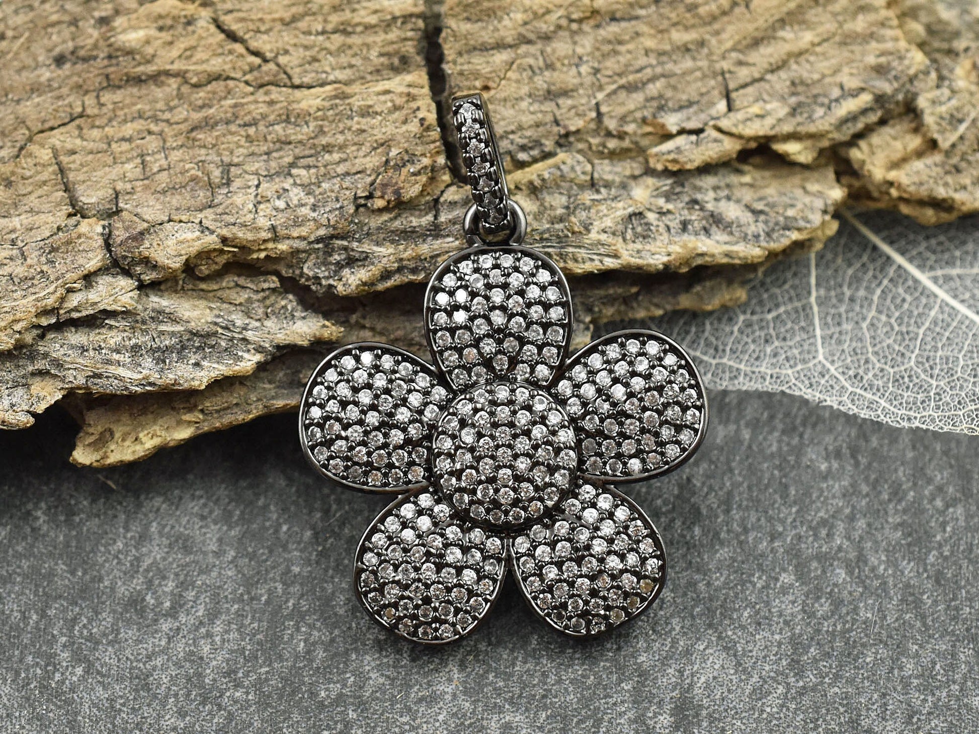 28x25mm Micro Pave Cubic Zirconia 5 Petal Flower Pendant
