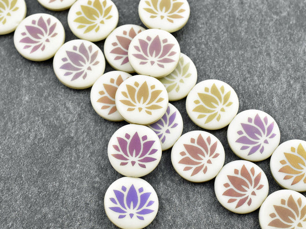 Czech Glass Beads - Lotus Flower Beads - Floral Beads - Focal Beads - Laser Etched Beads - Coin Beads - 17mm - 8pcs - (3398)