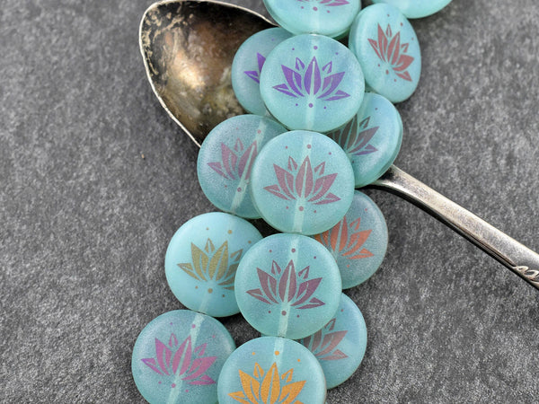 Czech Glass Beads - Lotus Flower Beads - Floral Beads - Focal Beads - Laser Etched Beads - Coin Beads - 17mm - 8pcs - (2996)