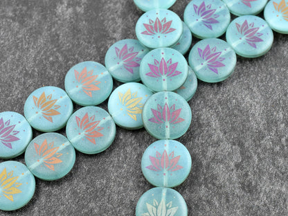 Czech Glass Beads - Lotus Flower Beads - Floral Beads - Focal Beads - Laser Etched Beads - Coin Beads - 17mm - 8pcs - (2996)