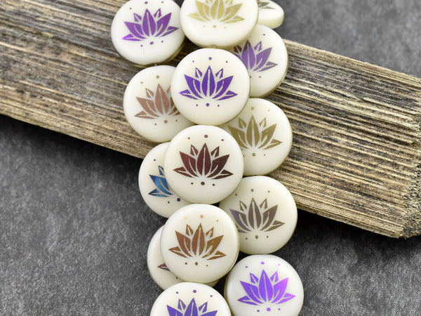 Czech Glass Beads - Lotus Flower Beads - Floral Beads - Focal Beads - Laser Etched Beads - Coin Beads - 17mm - 8pcs - (A635)