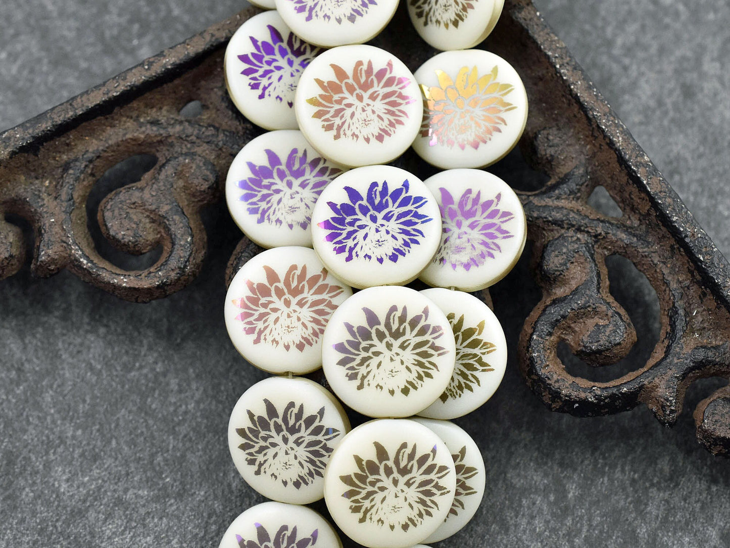 Czech Glass Beads - Dahlia Flower Beads - Floral Beads - Focal Beads - Laser Etched Beads - Coin Beads - 17mm - 8pcs - (B327)