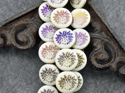 Czech Glass Beads - Dahlia Flower Beads - Floral Beads - Focal Beads - Laser Etched Beads - Coin Beads - 17mm - 8pcs - (B327)
