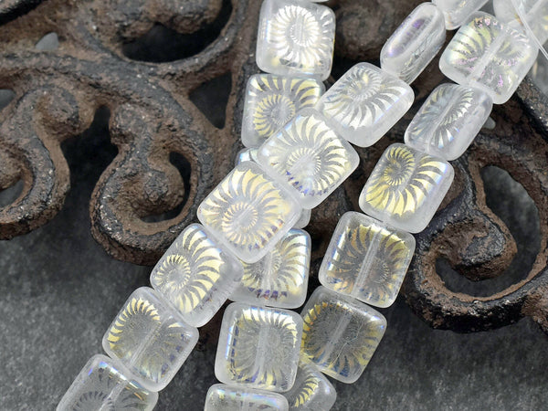 Czech Glass Beads - Nautilus Beads - Spiral Beads - Square Beads - Laser Etched Beads - 10mm - 12pcs - (5263)