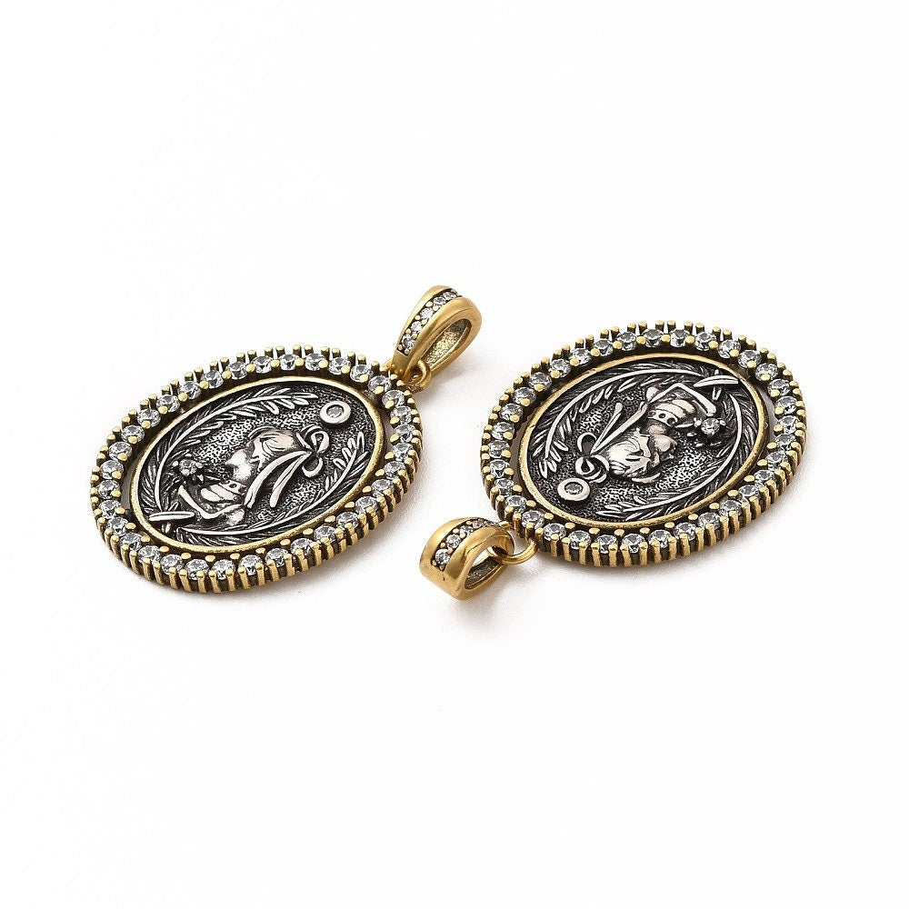 26x20mm Long Lasting Gold Plated Brass Micro Pave Cubic Zirconia Greek Coin Pendant