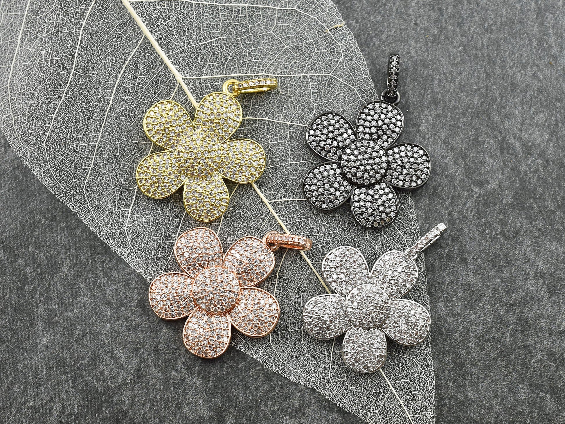 28x25mm Micro Pave Cubic Zirconia 5 Petal Flower Pendant