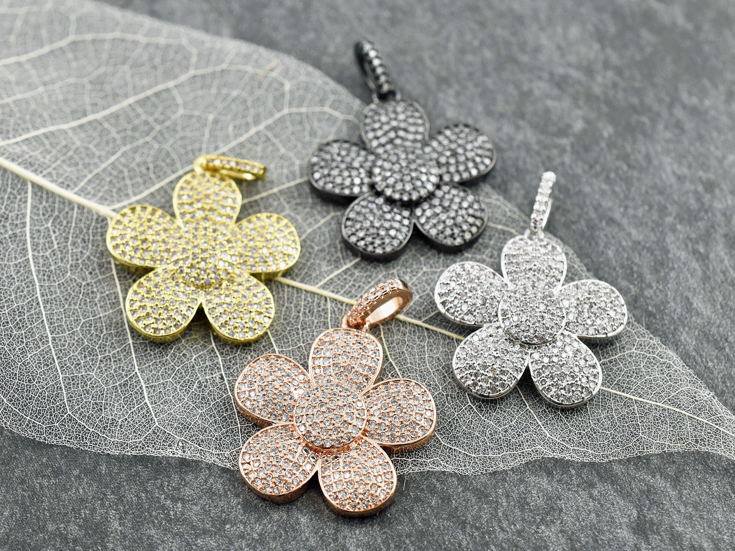 28x25mm Micro Pave Cubic Zirconia 5 Petal Flower Pendant