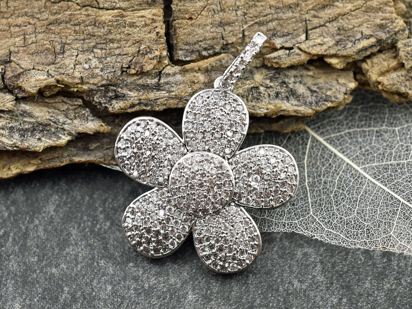 28x25mm Micro Pave Cubic Zirconia 5 Petal Flower Pendant