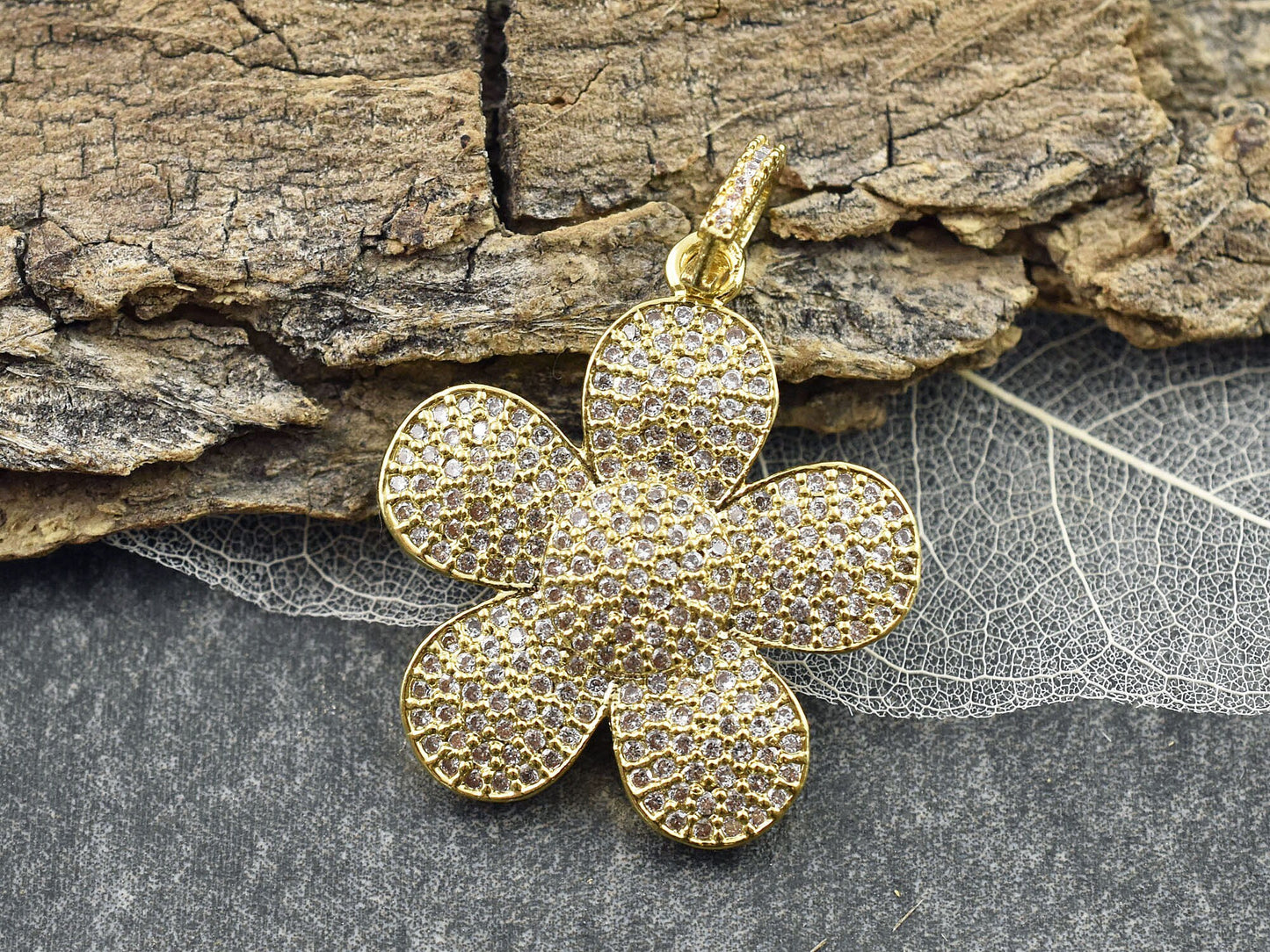 28x25mm Micro Pave Cubic Zirconia 5 Petal Flower Pendant
