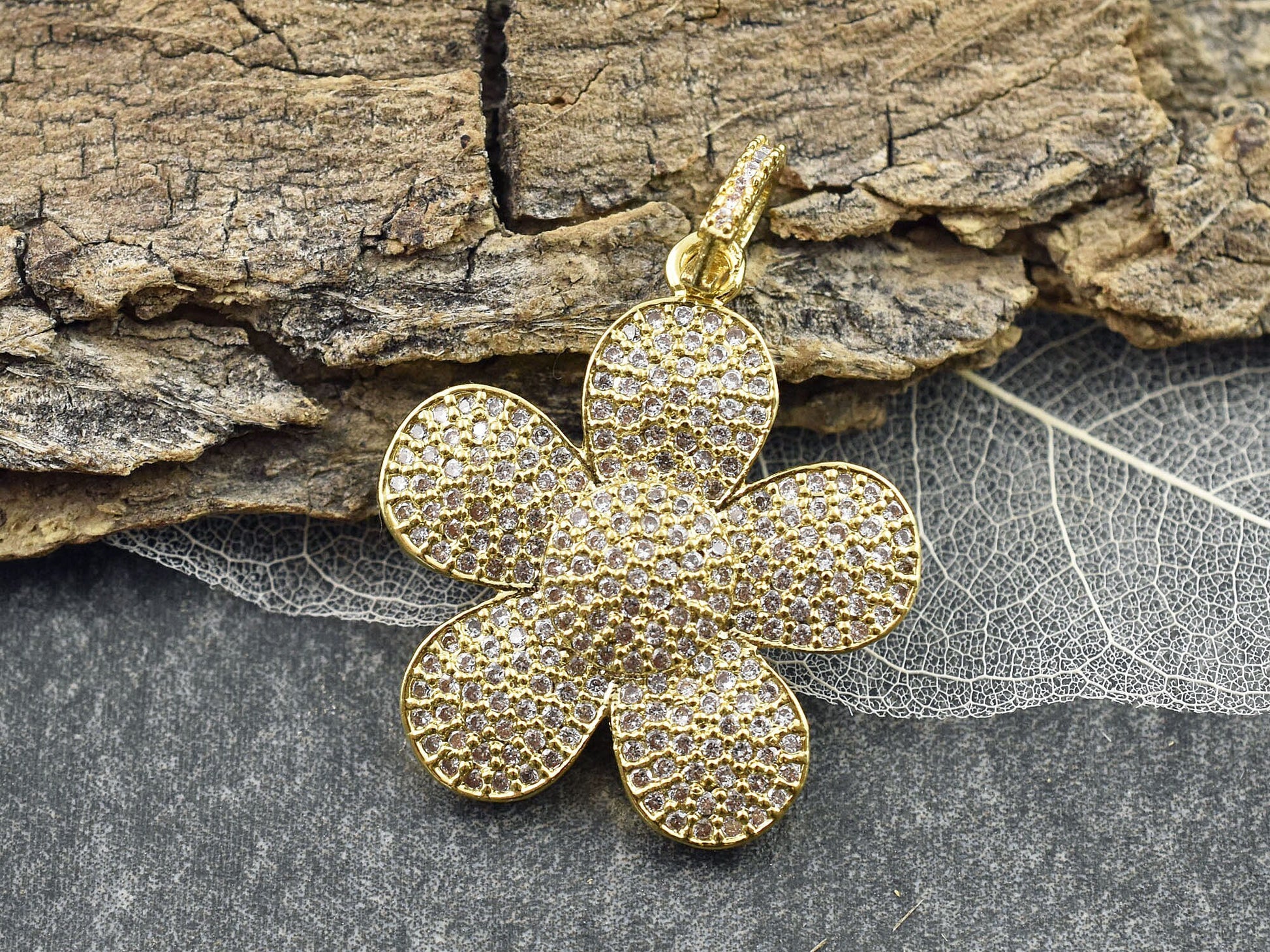 28x25mm Micro Pave Cubic Zirconia 5 Petal Flower Pendant