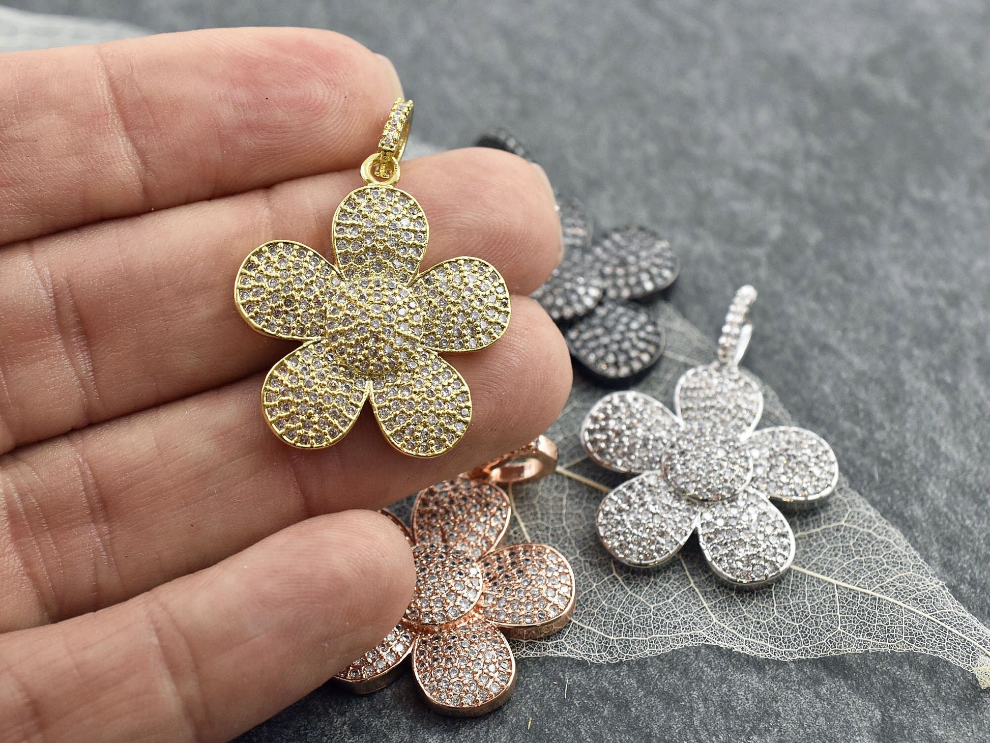 28x25mm Micro Pave Cubic Zirconia 5 Petal Flower Pendant