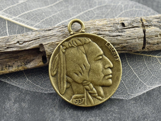 Replica Coin Pendant - Bronze Pendant - Indian Head Pendant - Metal Pendants - Buffalo Pendant - 40x33mm - 10pcs - (2958)