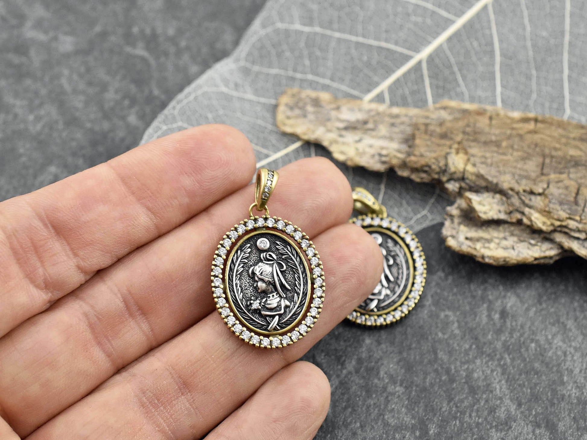 26x20mm Long Lasting Gold Plated Brass Micro Pave Cubic Zirconia Greek Coin Pendant