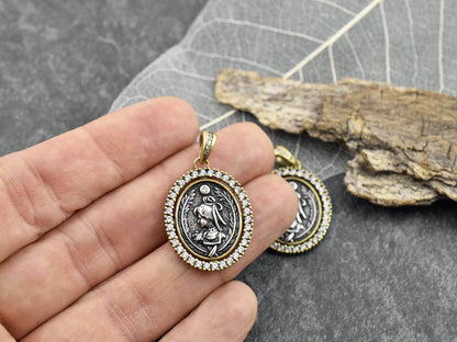 26x20mm Long Lasting Gold Plated Brass Micro Pave Cubic Zirconia Greek Coin Pendant