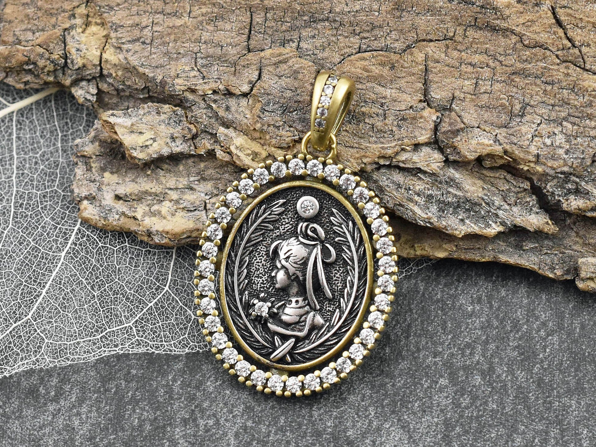 26x20mm Long Lasting Gold Plated Brass Micro Pave Cubic Zirconia Greek Coin Pendant